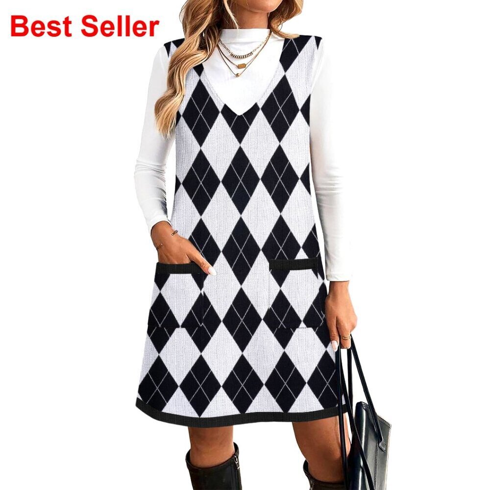 Sleeveless V-Neck Sweater Vest Dress with Pockets, Knit Pullover